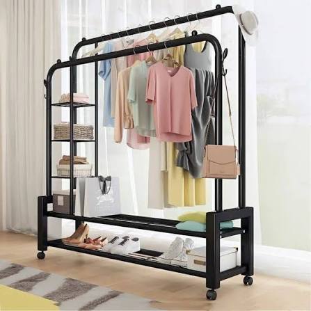 Double Pole Clothes Hanger Rack (Model YP-618) – Heavy Duty Metal Garment Storage Organizer with Shoe & Side Shelves (50kg Capacity, Black)
