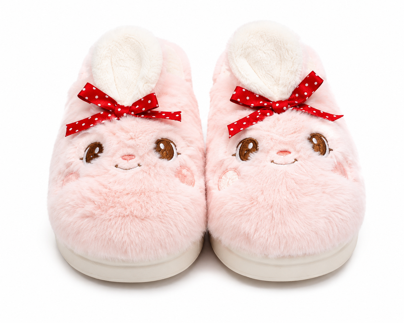Cute Bunny Plush House Slippers - Soft Fuzzy Indoor Slides with Non-Slip Thick Sole & Red Polka Bow