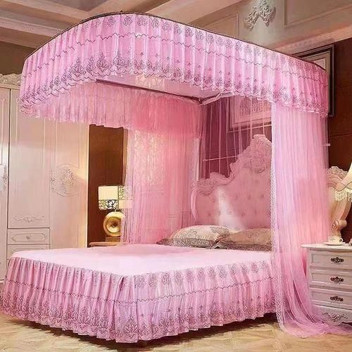 Luxury 2-Stand Rail Canopy Mosquito Net – Elegant Lace Valance Bed Drapery Frame Set