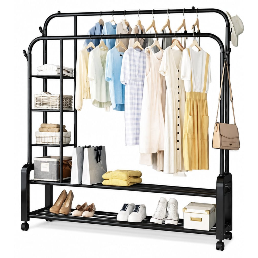 Double Pole Clothes Hanger Rack (Model YP-618) – Heavy Duty Metal Garment Storage Organizer with Shoe & Side Shelves (50kg Capacity, Black)