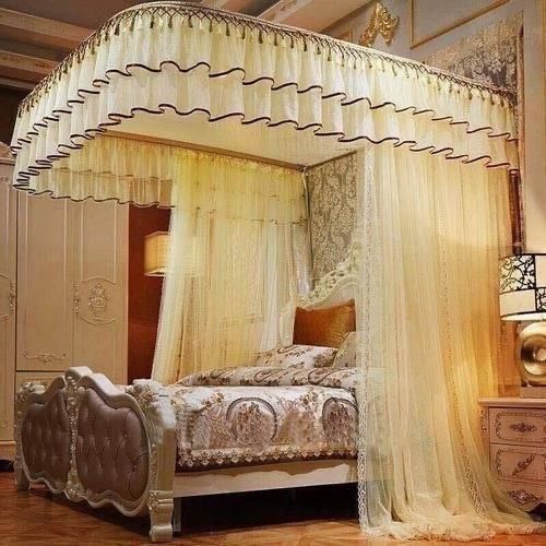 Luxury 2-Stand Rail Canopy Mosquito Net – Elegant Lace Valance Bed Drapery Frame Set