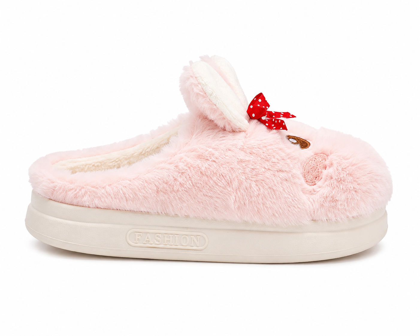 Cute Bunny Plush House Slippers - Soft Fuzzy Indoor Slides with Non-Slip Thick Sole & Red Polka Bow