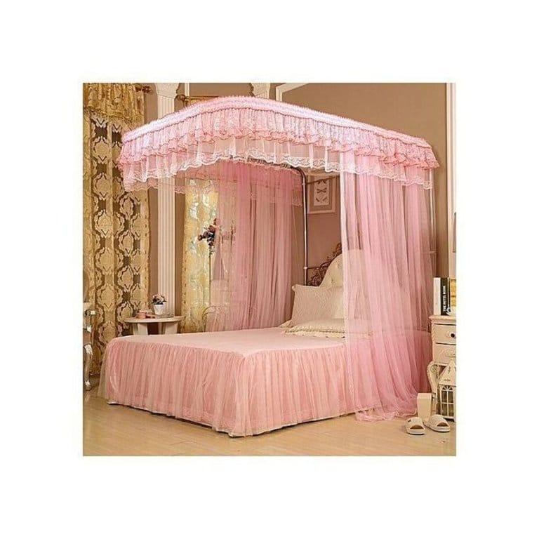 Luxury 2-Stand Rail Canopy Mosquito Net – Elegant Lace Valance Bed Drapery Frame Set