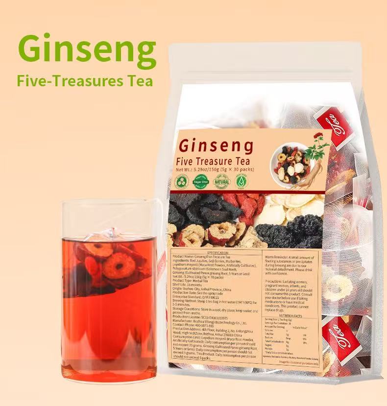 Natura Ginseng Five Treasures Tea Kidney Tea, Natural Chinese Herbal Tea,Kidney Cleanse Detox Tea for Men & Women, 6 Ingredients