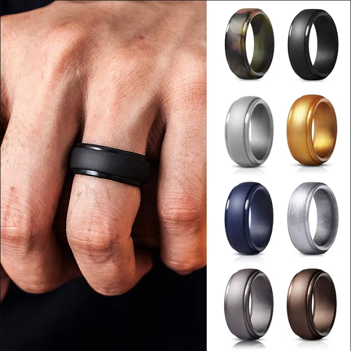 Men Silicone Rings Hypoallergenic Flexible Sports Antibacterial Wedding Rubber Bands 8mm Food Grade FDA Silicone Finger Ring