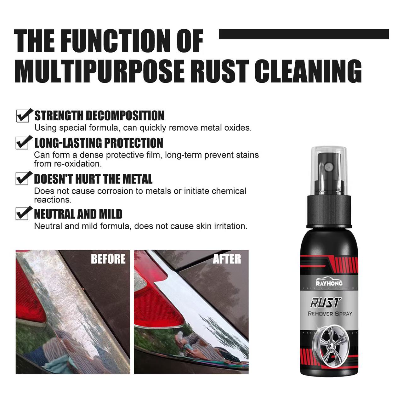 30ml Car Rust Remover Spray Metal Surface Chrome Paint Car Maintenance Iron Powder Cleaning Super Rust Remover Multi-Purpose