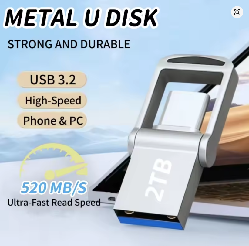 2TB USB 3.2 Flash Drive High Speed Metal U Disk Type-c Interface Dual-use Flash Memory Stick For Phone Windows Computer