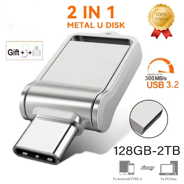 2TB USB 3.2 Flash Drive High Speed Metal U Disk Type-c Interface Dual-use Flash Memory Stick For Phone Windows Computer