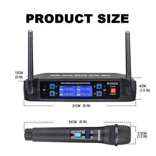 BOMGE V410 4 Channel Dynamic Wireless Microphone System,Handheld Cordless Mic Set,Fixed Frequency, Long Range 200ft, Ideal for Church,Karaoke,Events