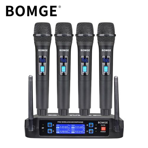 BOMGE V410 4 Channel Dynamic Wireless Microphone System,Handheld Cordless Mic Set,Fixed Frequency, Long Range 200ft, Ideal for Church,Karaoke,Events