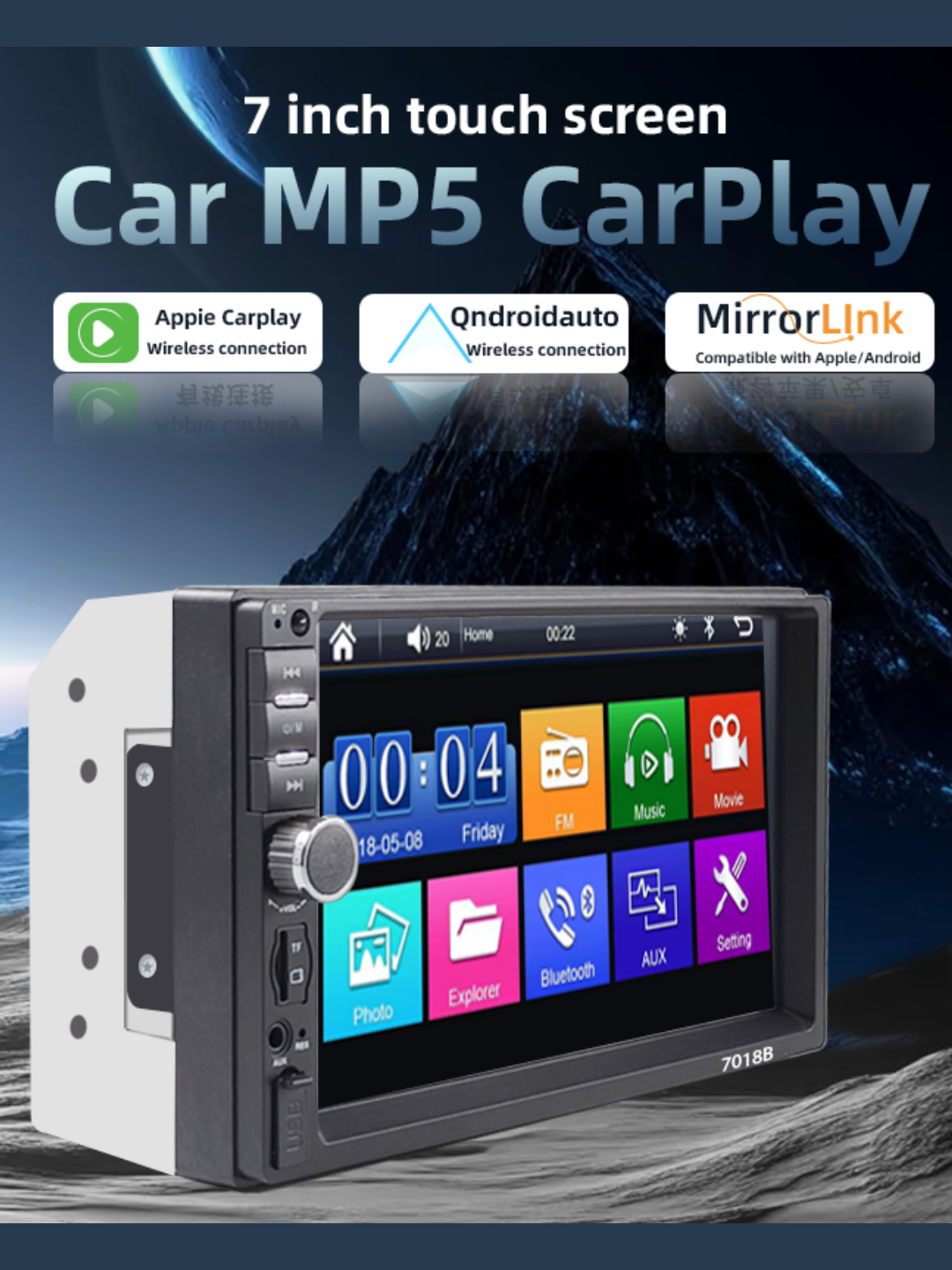 7018B Bluetooth Car MP5 Player 7 inch TFT Touchscreen FM Radio Remote Control 8-LED Rear Camera
