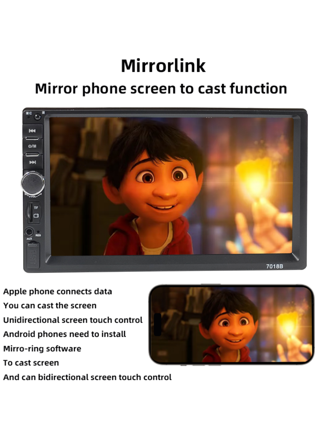 7018B Bluetooth Car MP5 Player 7 inch TFT Touchscreen FM Radio Remote Control 8-LED Rear Camera