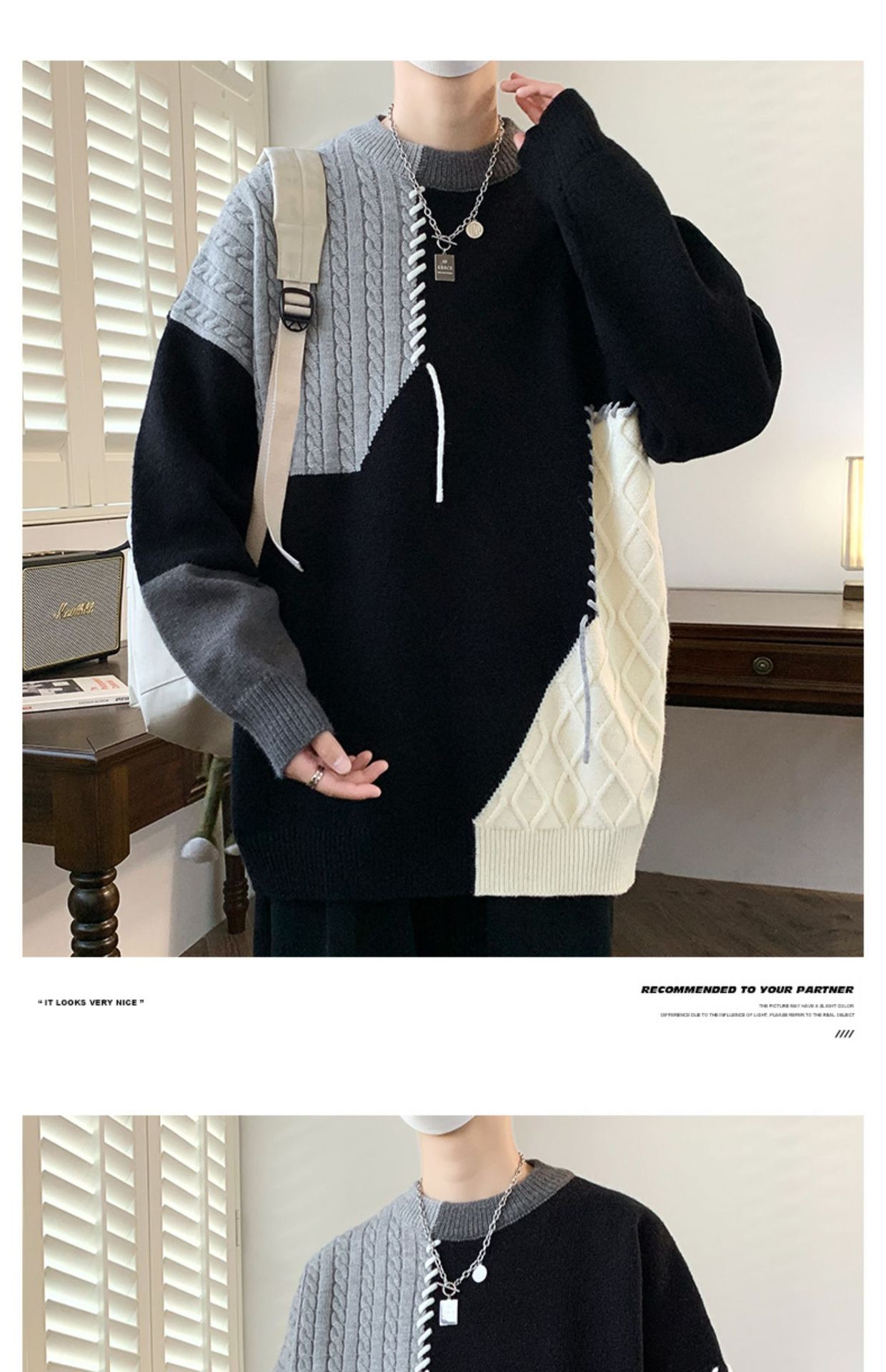 Autumn Winter Warm Mens Knitted Sweaters Fashion Patchwork O Neck Knit Pullovers Korean Streetwear Pullover Casual Mens Clothing