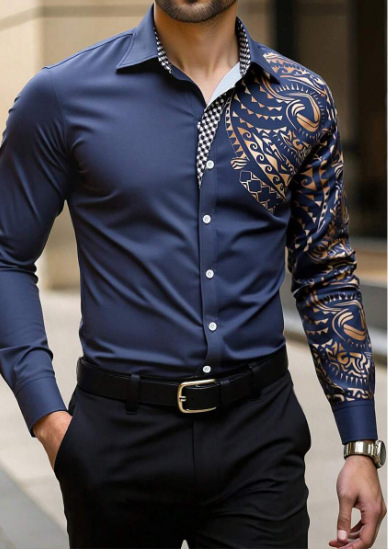 Men geometric print lapel long‑sleeve shirt, casual top for spring autumn ，Spring and Autumn men's casual lapel long sleeved shirt 3D printed men's trendy shirt men's clothing