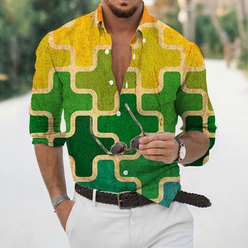 Men geometric print lapel long‑sleeve shirt, casual top for spring autumn ，Spring and Autumn men's casual lapel long sleeved shirt 3D printed men's trendy shirt men's clothing