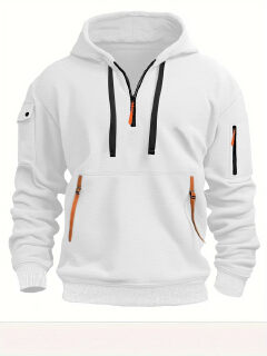 Men Quarter Zip Hoodie, Multi Pockets Tactical Sweatshirt, Loose Casual Sports Pullover Hooded Jacket For Autumn Winter