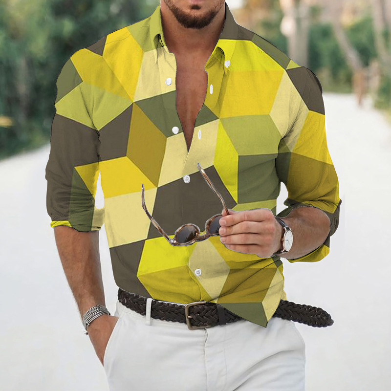 Men geometric print lapel long‑sleeve shirt, casual top for spring autumn ，Spring and Autumn men's casual lapel long sleeved shirt 3D printed men's trendy shirt men's clothing