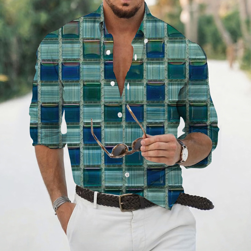 Men geometric print lapel long‑sleeve shirt, casual top for spring autumn ，Spring and Autumn men's casual lapel long sleeved shirt 3D printed men's trendy shirt men's clothing