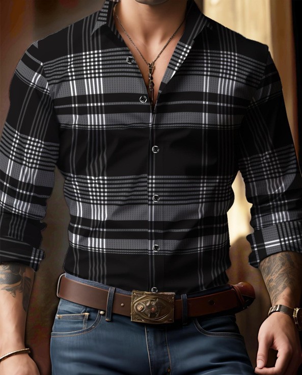 Men geometric print lapel long‑sleeve shirt, casual top for spring autumn ，Spring and Autumn men's casual lapel long sleeved shirt 3D printed men's trendy shirt men's clothing