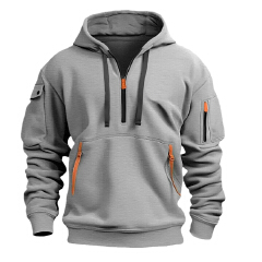 Men Quarter Zip Hoodie, Multi Pockets Tactical Sweatshirt, Loose Casual Sports Pullover Hooded Jacket For Autumn Winter