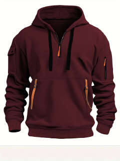 Men Quarter Zip Hoodie, Multi Pockets Tactical Sweatshirt, Loose Casual Sports Pullover Hooded Jacket For Autumn Winter