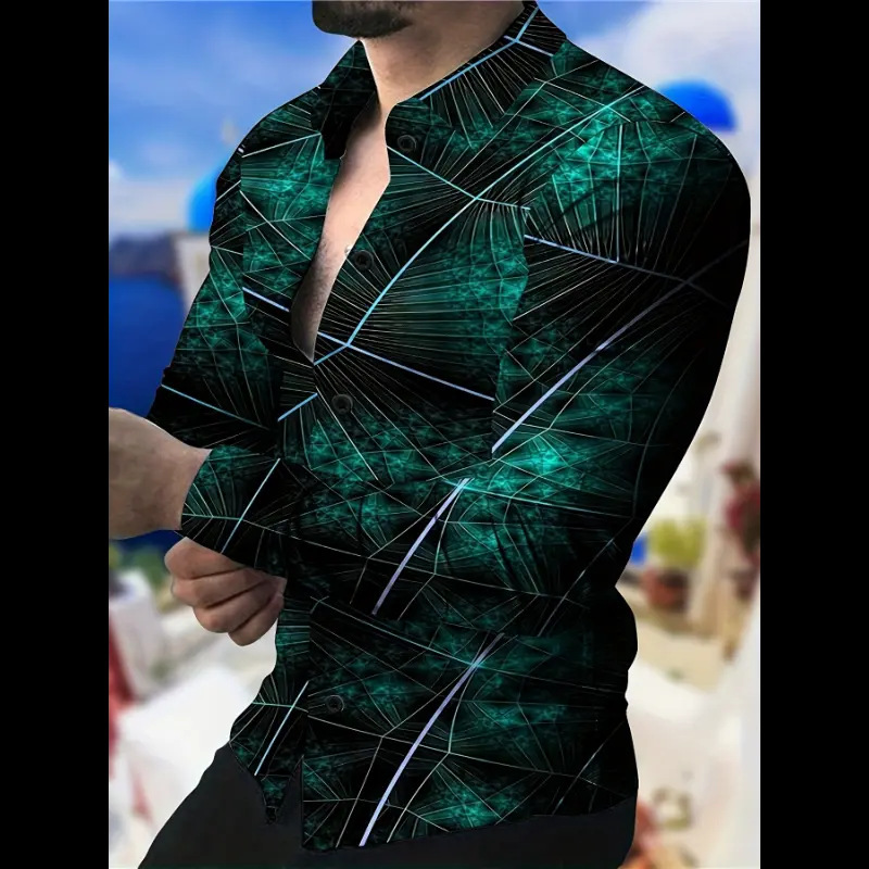 Men geometric print lapel long‑sleeve shirt, casual top for spring autumn ，Spring and Autumn men's casual lapel long sleeved shirt 3D printed men's trendy shirt men's clothing