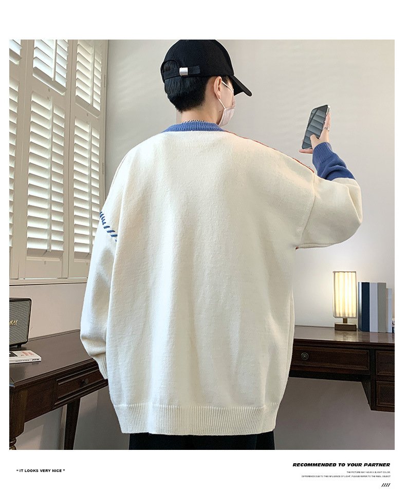 Autumn Winter Warm Mens Knitted Sweaters Fashion Patchwork O Neck Knit Pullovers Korean Streetwear Pullover Casual Mens Clothing