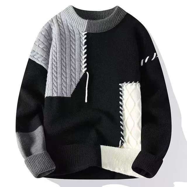 Autumn Winter Warm Mens Knitted Sweaters Fashion Patchwork O Neck Knit Pullovers Korean Streetwear Pullover Casual Mens Clothing