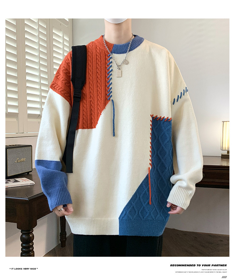 Autumn Winter Warm Mens Knitted Sweaters Fashion Patchwork O Neck Knit Pullovers Korean Streetwear Pullover Casual Mens Clothing