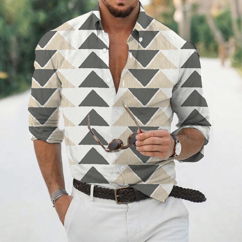 Men geometric print lapel long‑sleeve shirt, casual top for spring autumn ，Spring and Autumn men's casual lapel long sleeved shirt 3D printed men's trendy shirt men's clothing