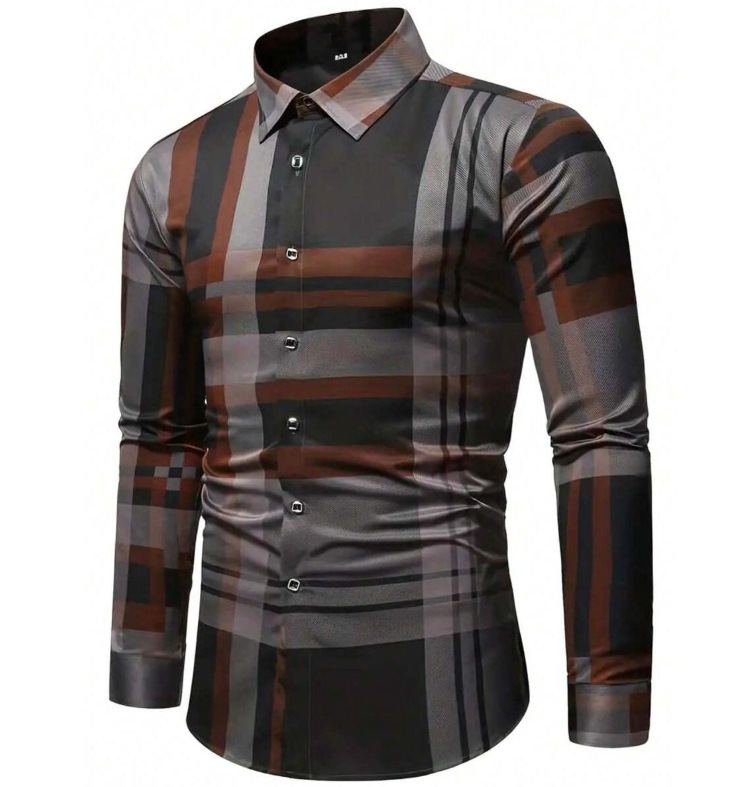 Men geometric print lapel long‑sleeve shirt, casual top for spring autumn ，Spring and Autumn men's casual lapel long sleeved shirt 3D printed men's trendy shirt men's clothing