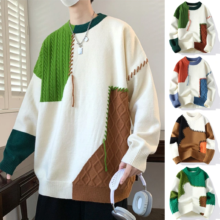 Autumn Winter Warm Mens Knitted Sweaters Fashion Patchwork O Neck Knit Pullovers Korean Streetwear Pullover Casual Mens Clothing