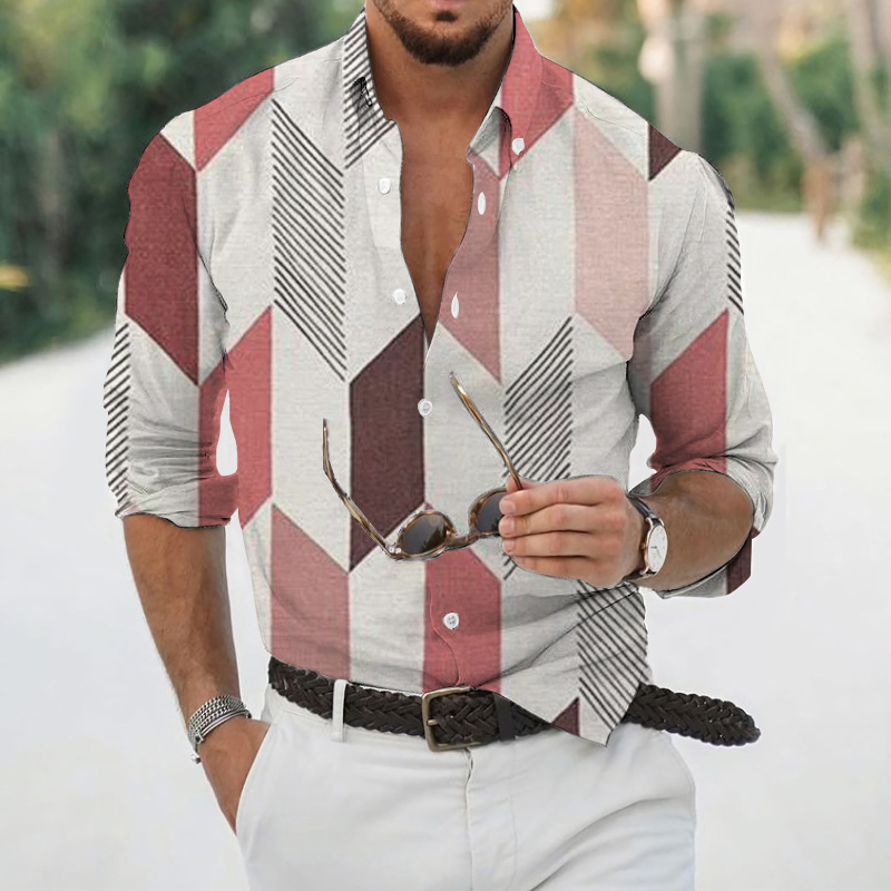 Men geometric print lapel long‑sleeve shirt, casual top for spring autumn ，Spring and Autumn men's casual lapel long sleeved shirt 3D printed men's trendy shirt men's clothing
