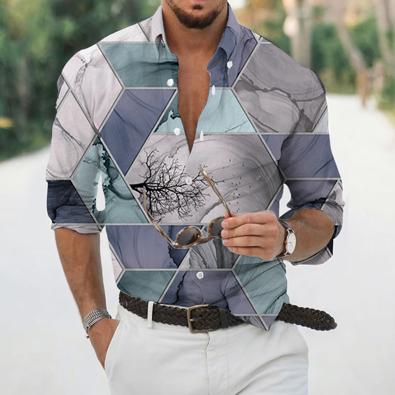 Men geometric print lapel long‑sleeve shirt, casual top for spring autumn ，Spring and Autumn men's casual lapel long sleeved shirt 3D printed men's trendy shirt men's clothing