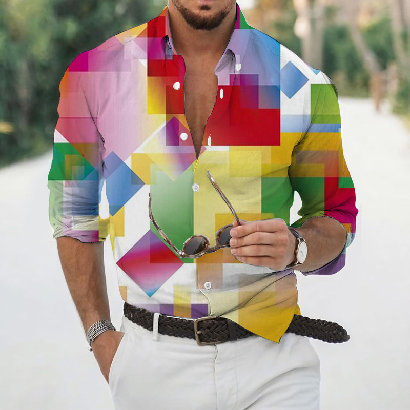 Men geometric print lapel long‑sleeve shirt, casual top for spring autumn ，Spring and Autumn men's casual lapel long sleeved shirt 3D printed men's trendy shirt men's clothing
