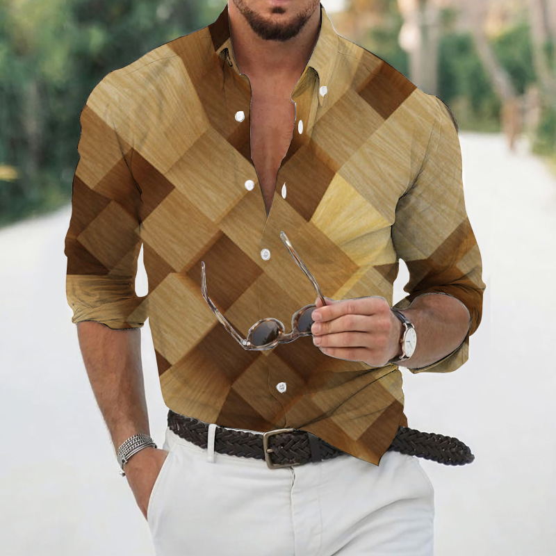 Men geometric print lapel long‑sleeve shirt, casual top for spring autumn ，Spring and Autumn men's casual lapel long sleeved shirt 3D printed men's trendy shirt men's clothing