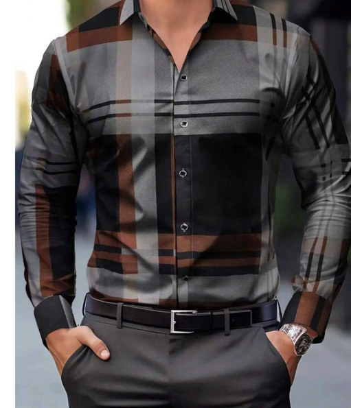 Men geometric print lapel long‑sleeve shirt, casual top for spring autumn ，Spring and Autumn men's casual lapel long sleeved shirt 3D printed men's trendy shirt men's clothing