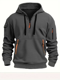 Men Quarter Zip Hoodie, Multi Pockets Tactical Sweatshirt, Loose Casual Sports Pullover Hooded Jacket For Autumn Winter