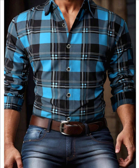 Men geometric print lapel long‑sleeve shirt, casual top for spring autumn ，Spring and Autumn men's casual lapel long sleeved shirt 3D printed men's trendy shirt men's clothing