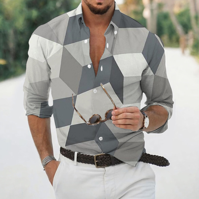 Men geometric print lapel long‑sleeve shirt, casual top for spring autumn ，Spring and Autumn men's casual lapel long sleeved shirt 3D printed men's trendy shirt men's clothing