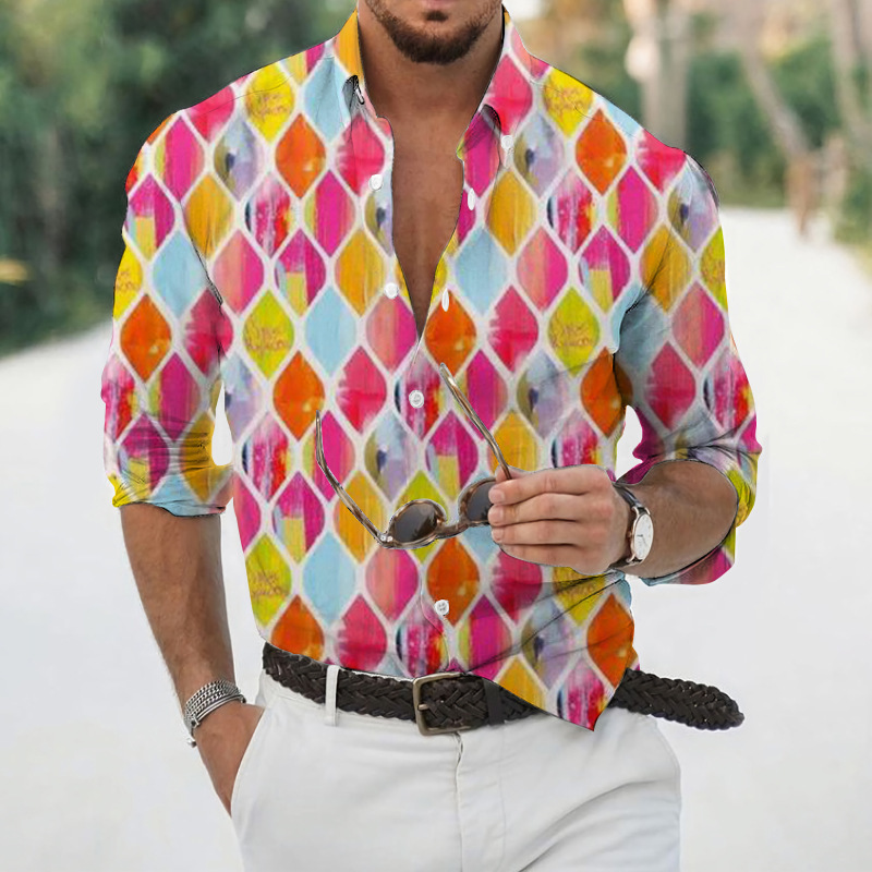 Men geometric print lapel long‑sleeve shirt, casual top for spring autumn ，Spring and Autumn men's casual lapel long sleeved shirt 3D printed men's trendy shirt men's clothing
