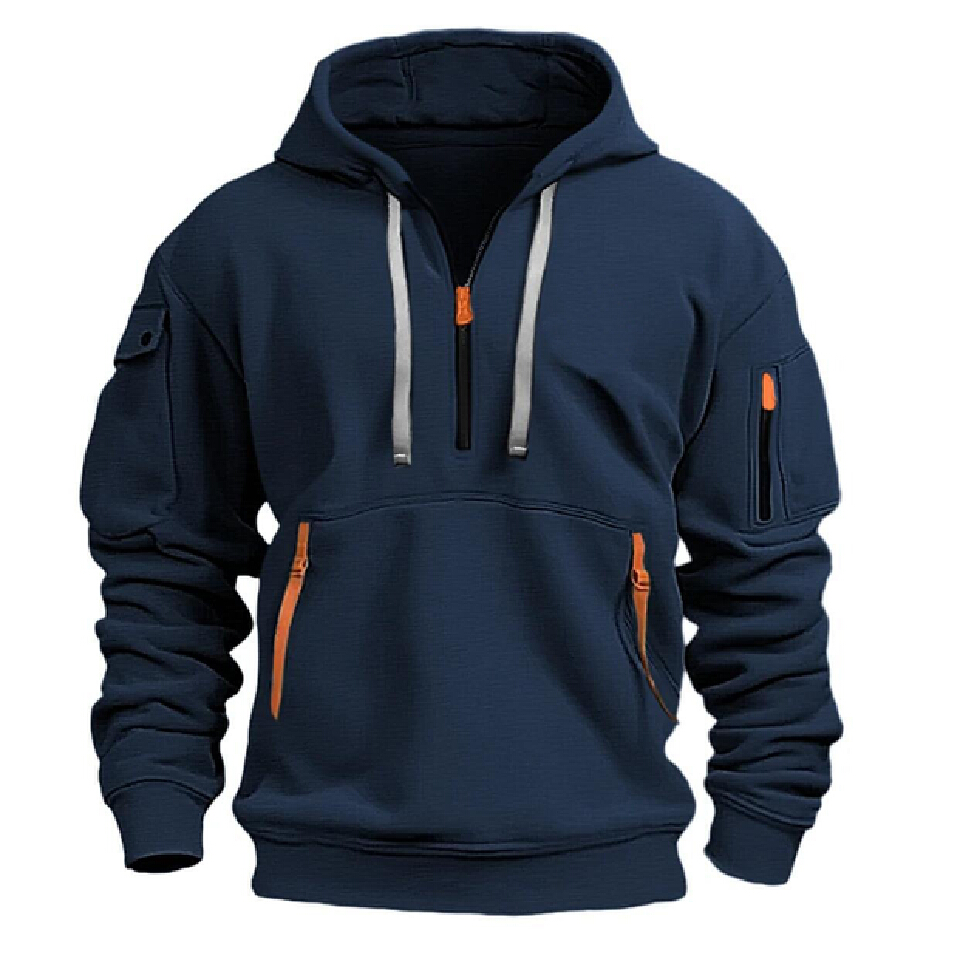 Men Quarter Zip Hoodie, Multi Pockets Tactical Sweatshirt, Loose Casual Sports Pullover Hooded Jacket For Autumn Winter