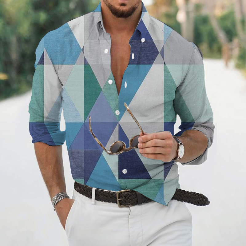 Men geometric print lapel long‑sleeve shirt, casual top for spring autumn ，Spring and Autumn men's casual lapel long sleeved shirt 3D printed men's trendy shirt men's clothing