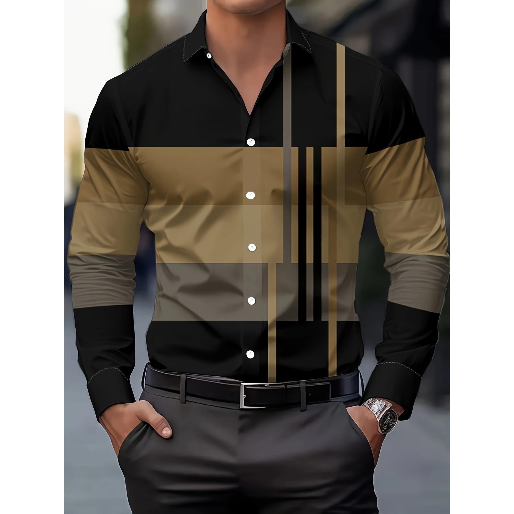 Men geometric print lapel long‑sleeve shirt, casual top for spring autumn ，Spring and Autumn men's casual lapel long sleeved shirt 3D printed men's trendy shirt men's clothing