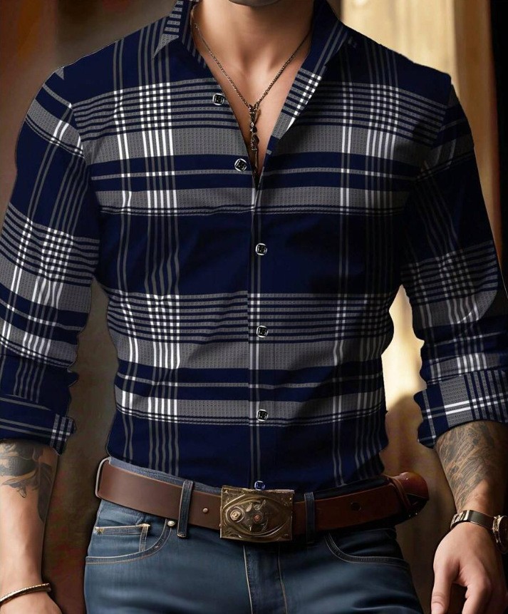 Men geometric print lapel long‑sleeve shirt, casual top for spring autumn ，Spring and Autumn men's casual lapel long sleeved shirt 3D printed men's trendy shirt men's clothing