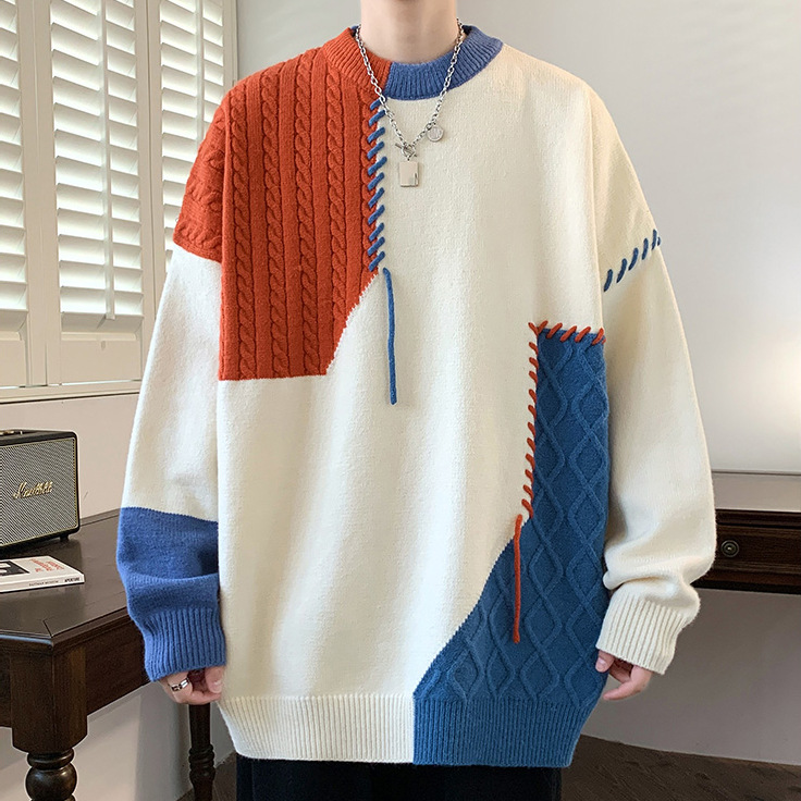 Autumn Winter Warm Mens Knitted Sweaters Fashion Patchwork O Neck Knit Pullovers Korean Streetwear Pullover Casual Mens Clothing