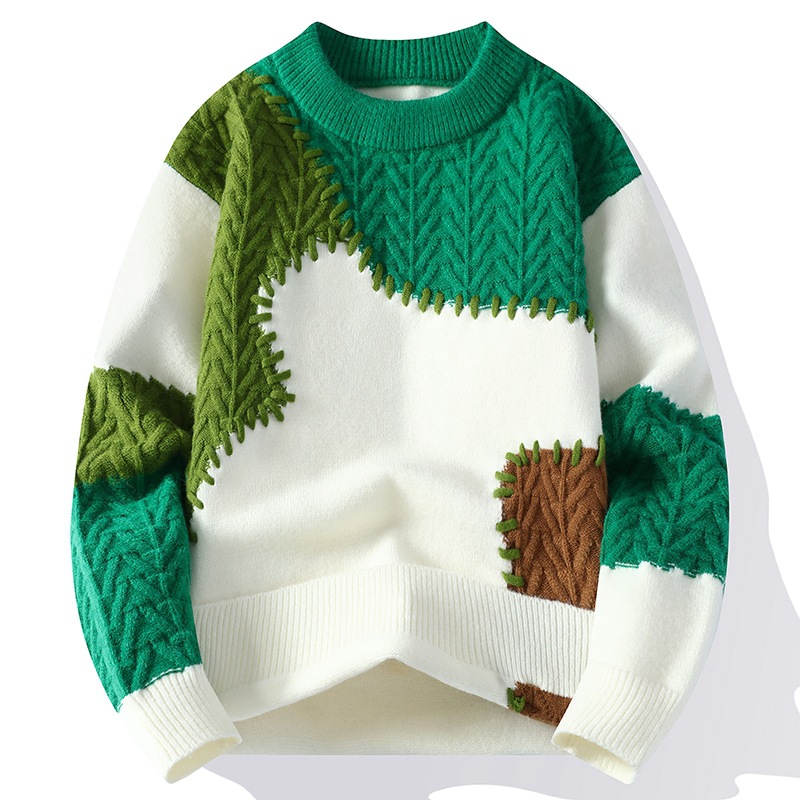 Autumn Winter Warm Mens Knitted Sweaters Fashion Patchwork O Neck Knit Pullovers Korean Streetwear Pullover Casual Mens Clothing