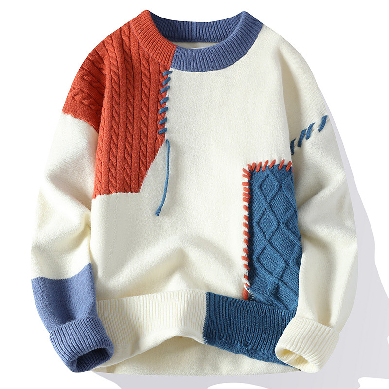 Autumn Winter Warm Mens Knitted Sweaters Fashion Patchwork O Neck Knit Pullovers Korean Streetwear Pullover Casual Mens Clothing