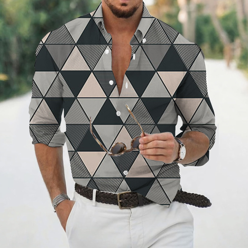 Men geometric print lapel long‑sleeve shirt, casual top for spring autumn ，Spring and Autumn men's casual lapel long sleeved shirt 3D printed men's trendy shirt men's clothing