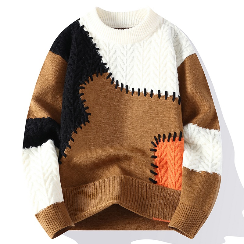 Autumn Winter Warm Mens Knitted Sweaters Fashion Patchwork O Neck Knit Pullovers Korean Streetwear Pullover Casual Mens Clothing
